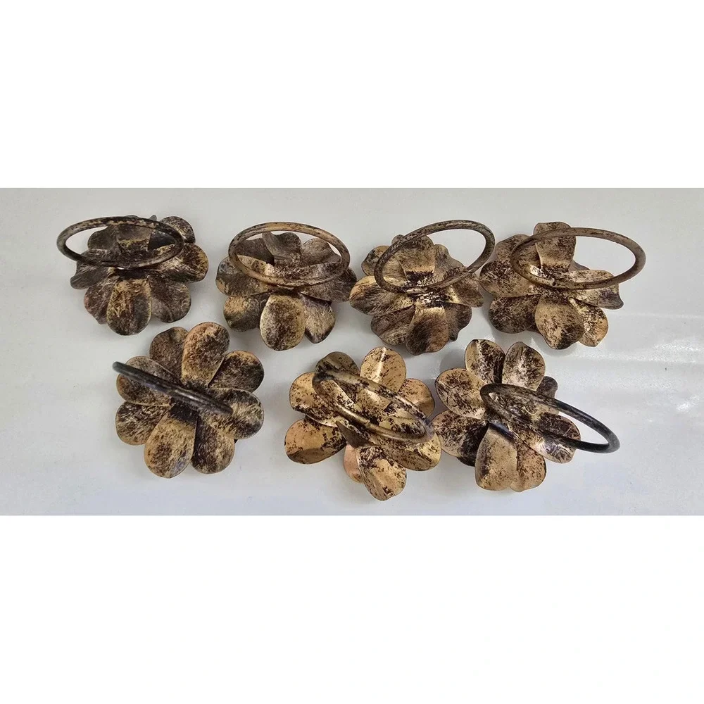 Set of 7 Antique Style Gold Floral Metal Napkin Rings Distressed Lotus Flower
